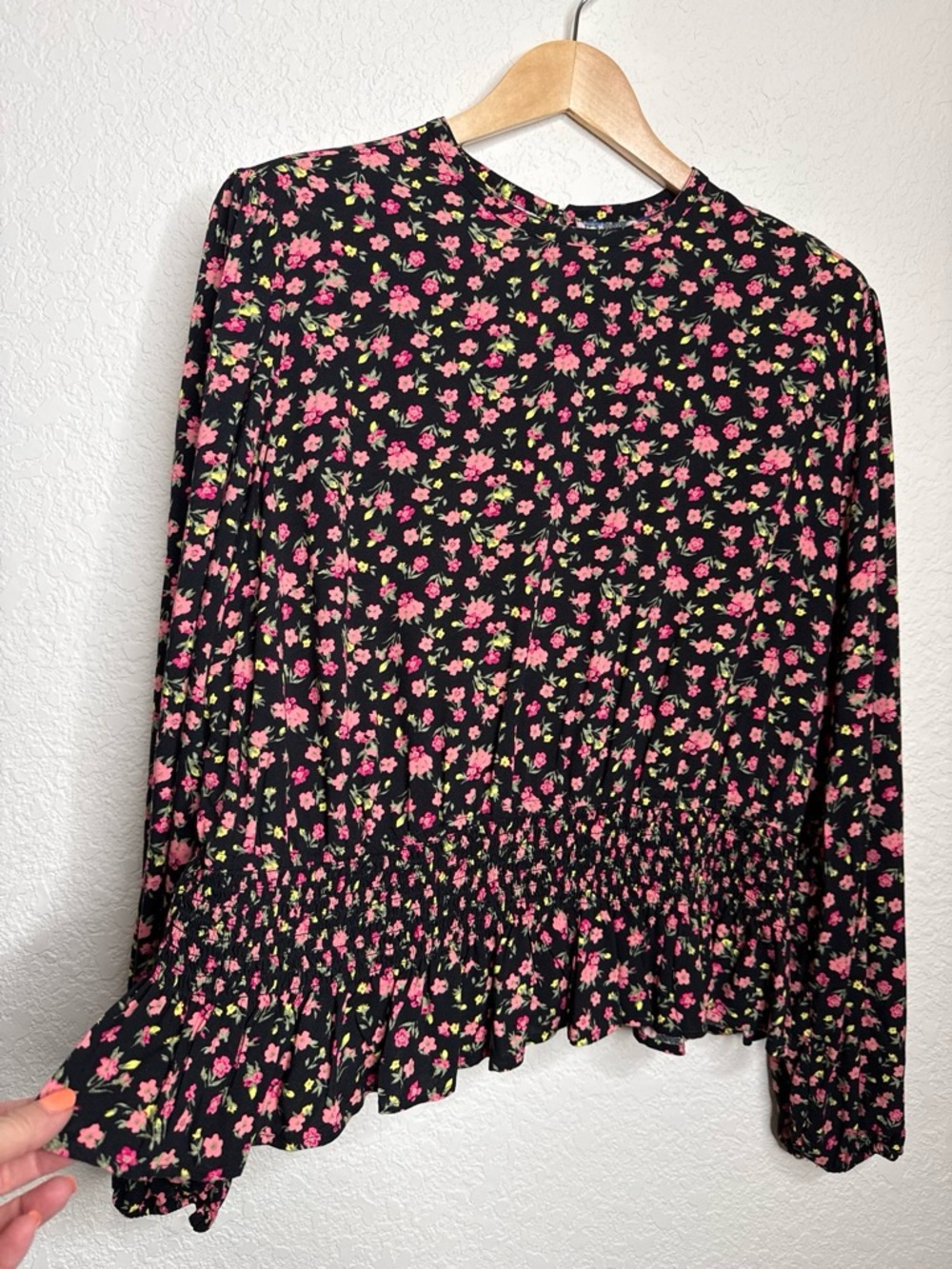 Black Pink Floral Ditsy Print Long Sleeve Peplum Top 1X Romantic Boho